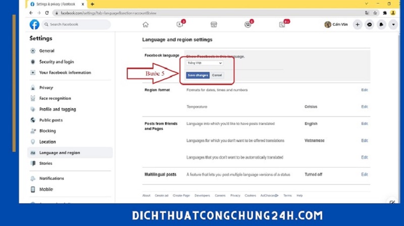 chuyển tiếng Anh sang tiếng Việt ở web facebook bước 5